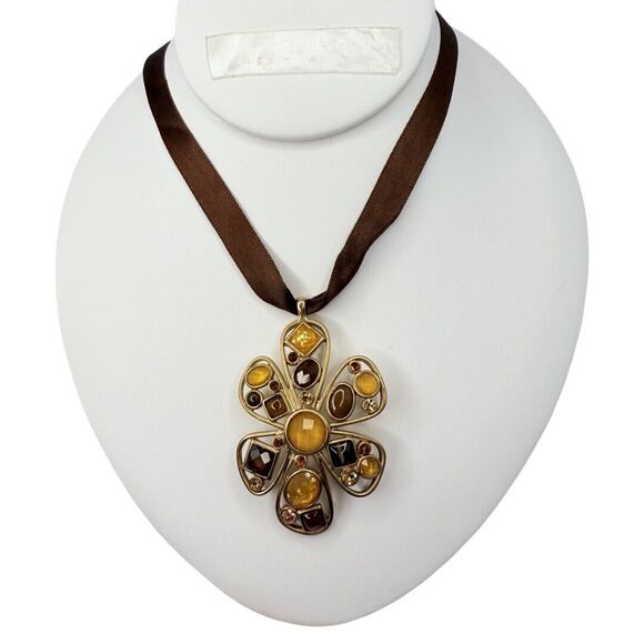 Yellow Austrian Crystal Large Flower Pendant Satin Necklace 22” Cottagecore - Picture 1 of 9